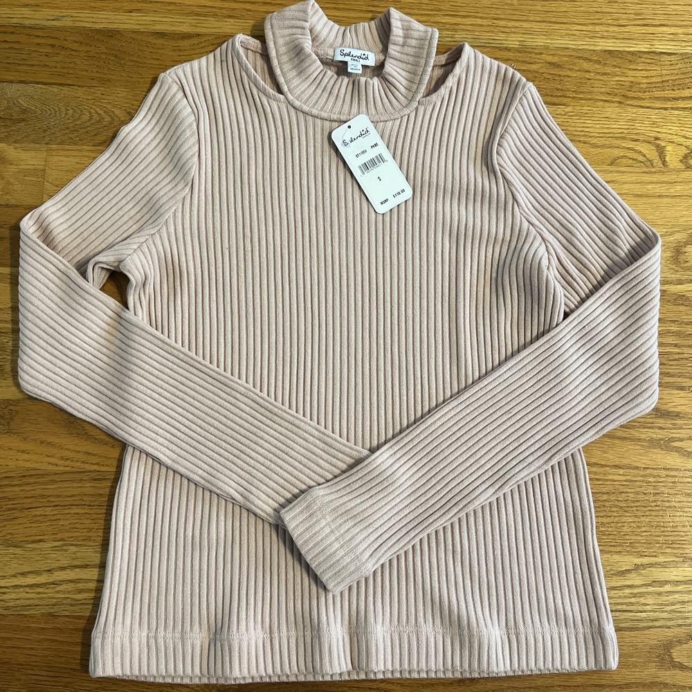 Splendid Sweater Cold Shoulder S Pink Beige Ribbed Mock‎ Neck Chic Minimalist